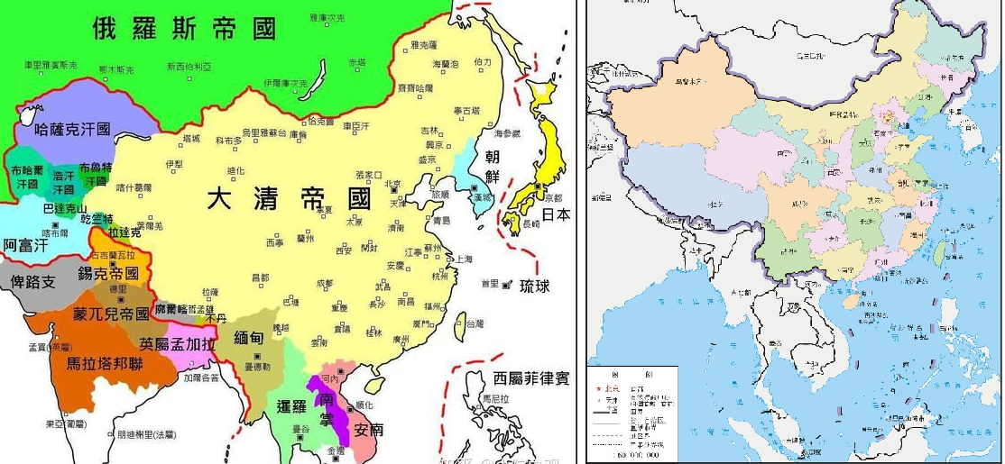 清朝地图和现代中国地图